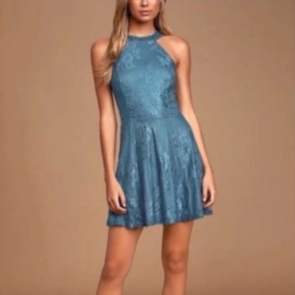 NWT Lulus Slate Blue Lace Skater Dress XS.